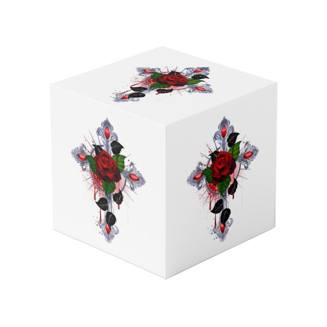 Silver Cross with a Red Rose Cube (Front Angled)