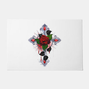 Silver Cross with a Red Rose Doormat