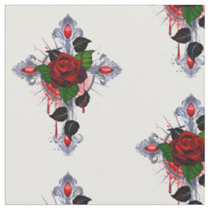 Silver Cross with a Red Rose Fabric