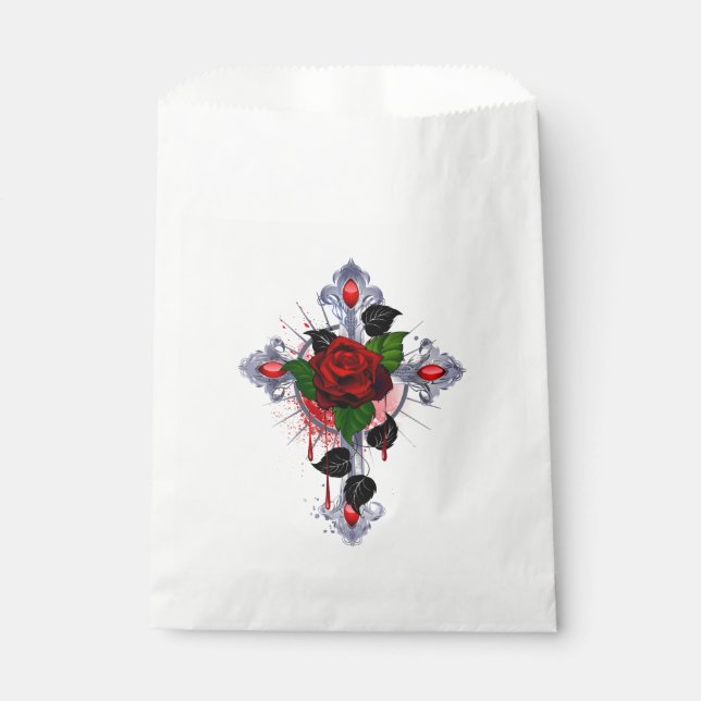 Silver Cross with a Red Rose Favour Bag (Front)