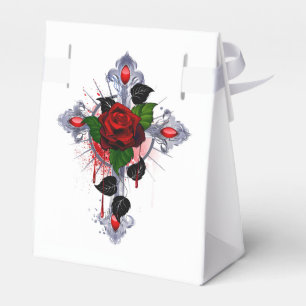 Silver Cross with a Red Rose Favour Box
