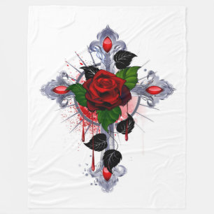 Silver Cross with a Red Rose Fleece Blanket