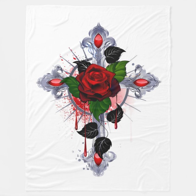 Silver Cross with a Red Rose Fleece Blanket (Front)