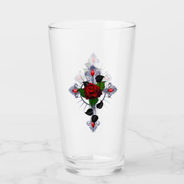 Silver Cross with a Red Rose Glass (Front)