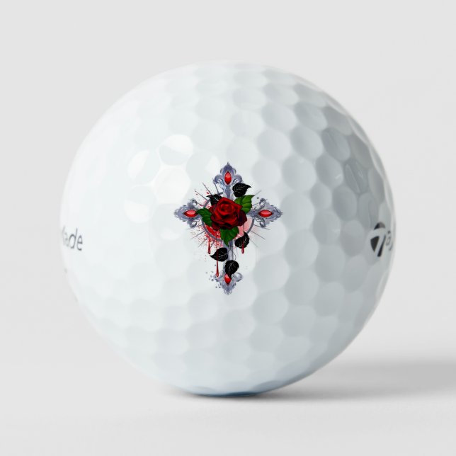 Silver Cross with a Red Rose Golf Balls (Front)
