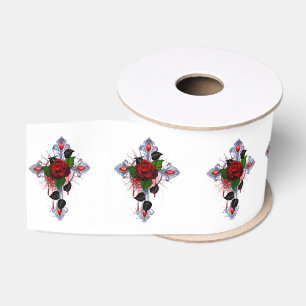 Silver Cross with a Red Rose Grosgrain Ribbon