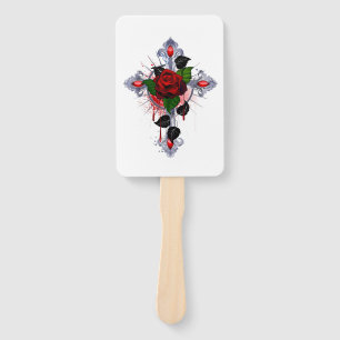 Silver Cross with a Red Rose Hand Fan