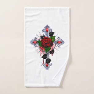 Silver Cross with a Red Rose Hand Towel