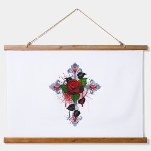 Silver Cross with a Red Rose Hanging Tapestry