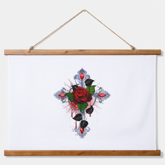 Silver Cross with a Red Rose Hanging Tapestry (Front)