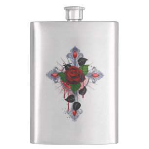 Silver Cross with a Red Rose Hip Flask
