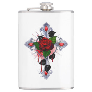 Silver Cross with a Red Rose Hip Flask
