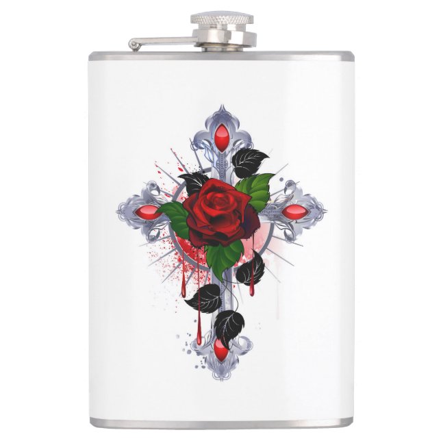 Silver Cross with a Red Rose Hip Flask (Front)