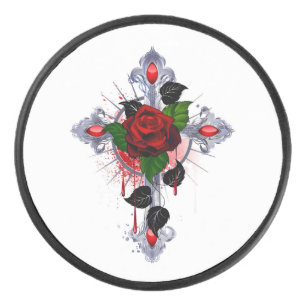 Silver Cross with a Red Rose Hockey Puck