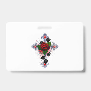 Silver Cross with a Red Rose ID Badge