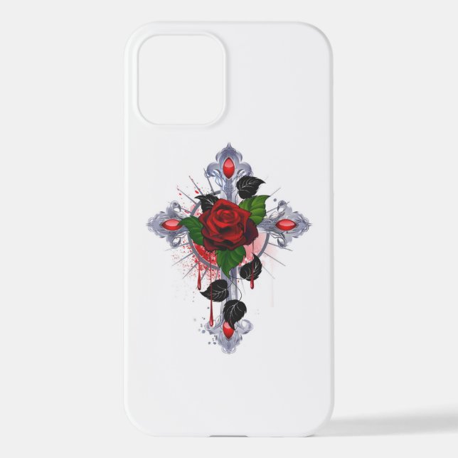 Silver Cross with a Red Rose iPhone Case (Back)