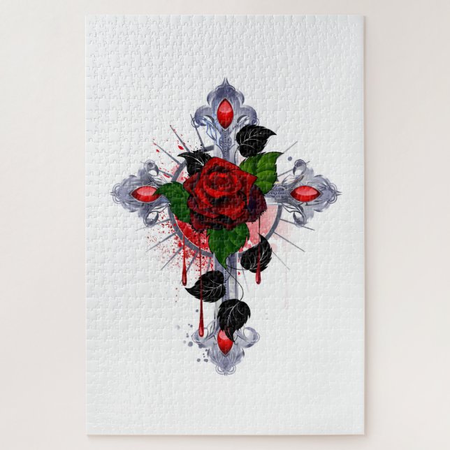 Silver Cross with a Red Rose Jigsaw Puzzle (Vertical)