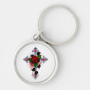 Silver Cross with a Red Rose Key Ring