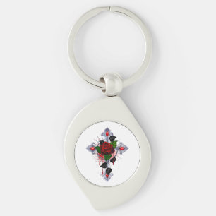 Silver Cross with a Red Rose Key Ring
