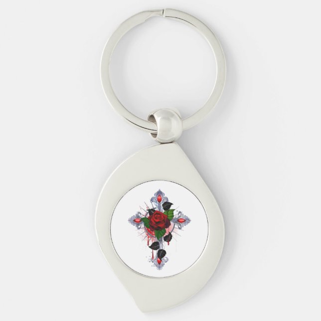 Silver Cross with a Red Rose Key Ring (Front)