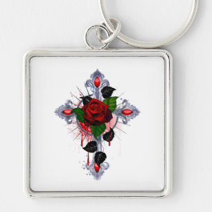 Silver Cross with a Red Rose Key Ring