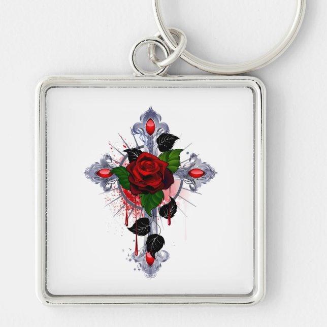 Silver Cross with a Red Rose Key Ring (Front)