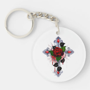 Silver Cross with a Red Rose Key Ring