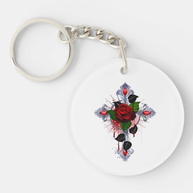 Silver Cross with a Red Rose Key Ring (Front)