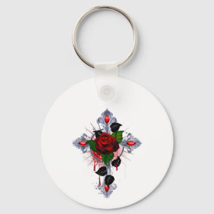 Silver Cross with a Red Rose Key Ring