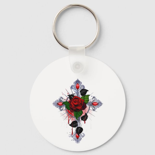 Silver Cross with a Red Rose Key Ring (Front)
