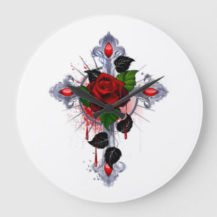 Silver Cross with a Red Rose Large Clock