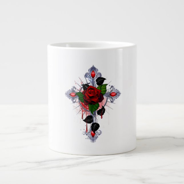 Silver Cross with a Red Rose Large Coffee Mug (Front)