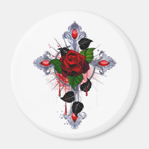 Silver Cross with a Red Rose Magnet