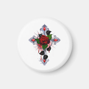 Silver Cross with a Red Rose Magnet