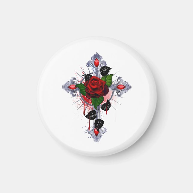 Silver Cross with a Red Rose Magnet (Front)