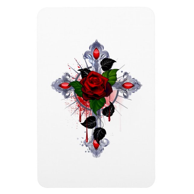 Silver Cross with a Red Rose Magnet (Vertical)