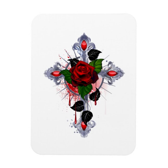 Silver Cross with a Red Rose Magnet (Vertical)