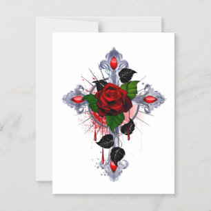 Silver Cross with a Red Rose Magnetic Invitation