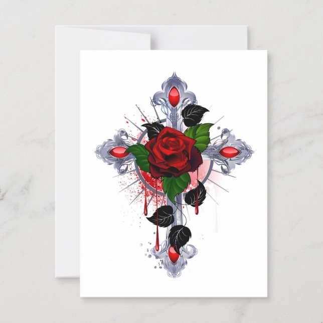 Silver Cross with a Red Rose Magnetic Invitation (Front)