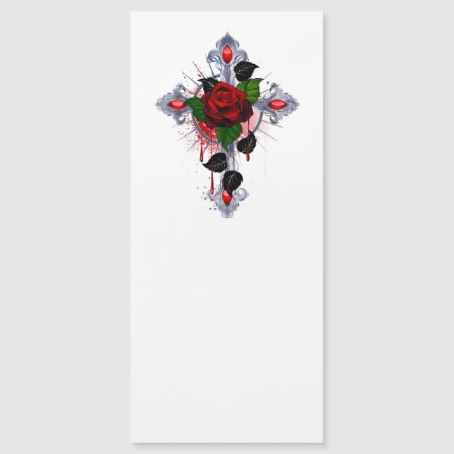 Silver Cross with a Red Rose Magnetic Invitation (Front)