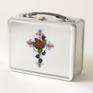 Silver Cross with a Red Rose Metal Lunch Box