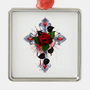 Silver Cross with a Red Rose Metal Ornament