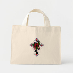 Silver Cross with a Red Rose Mini Tote Bag