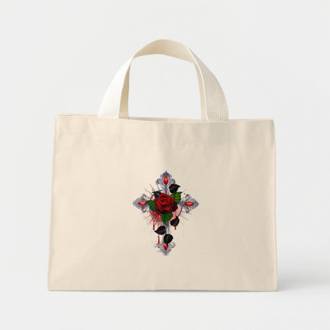 Silver Cross with a Red Rose Mini Tote Bag (Front)