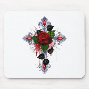Silver Cross with a Red Rose Mouse Pad