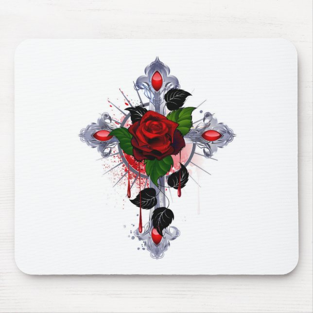 Silver Cross with a Red Rose Mouse Pad (Front)