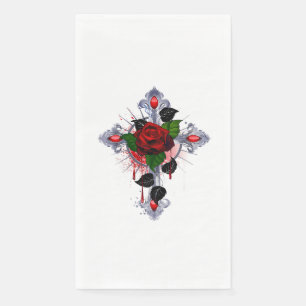 Silver Cross with a Red Rose Napkin