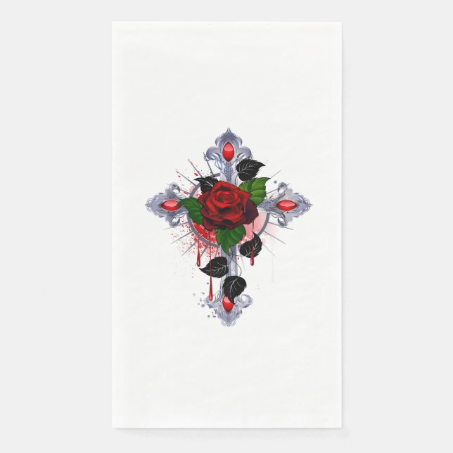 Silver Cross with a Red Rose Napkin (Front)