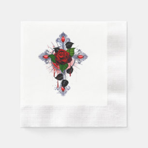 Silver Cross with a Red Rose Napkin