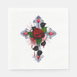 Silver Cross with a Red Rose Napkin